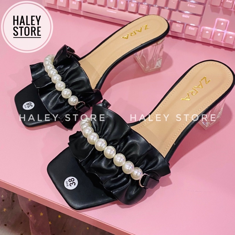 Guốc nữ 5p gót vuông trong suốt bèo nhún nhúm đính ngọc châu đi chơi đi tiệc đi du lịch HALEY STORE