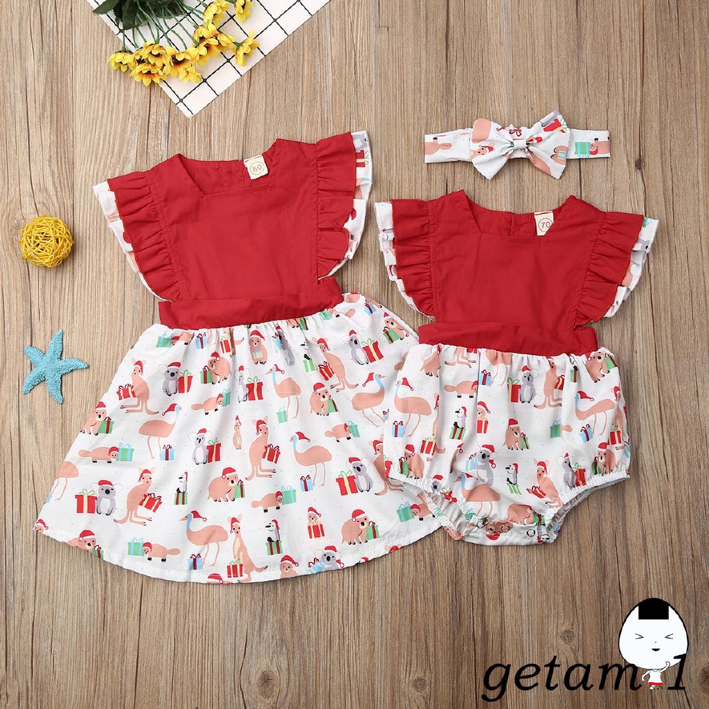 Bộ đầm và áo liền quần có băng đô nơ phong cách thời trang Giáng Sinh cho chị em gái