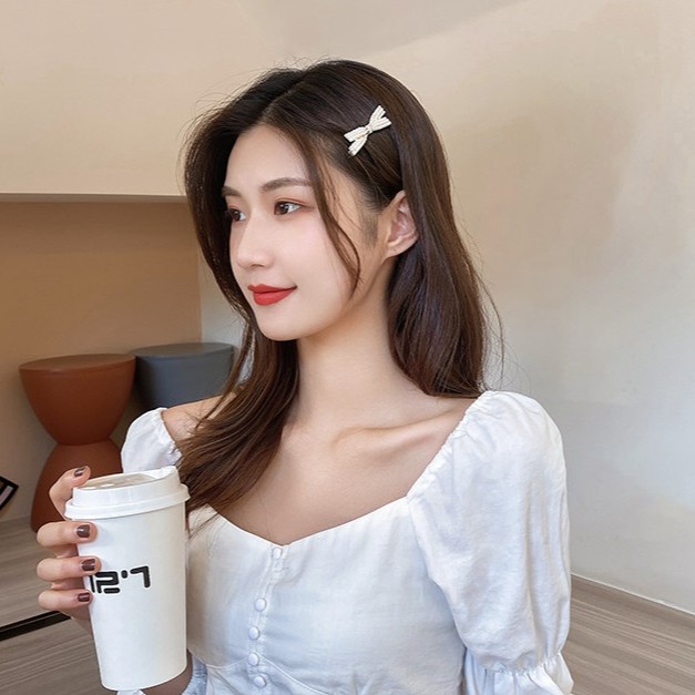 Kẹp tóc nơ nhỏ đính hạt tròn siêu yêu (01 cái)TOC21