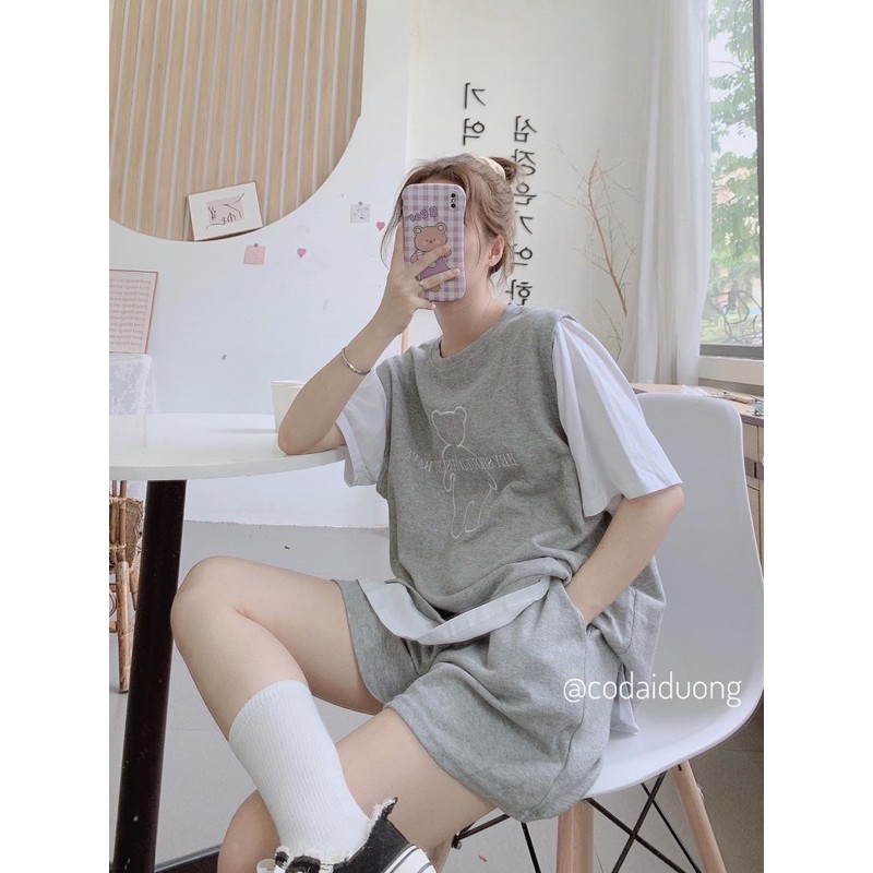 [RẺ VÔ ĐỊCH]Set Áo Phối Gấu Hey Unisex Siêu Xinh Set Cộc Thun Mát(kèm video và ảnh thật)