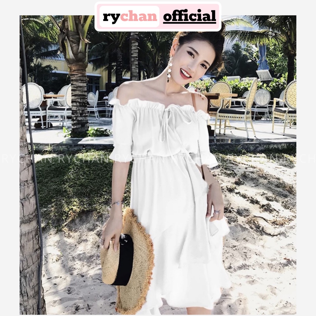 Đầm Đi Chơi Du Lịch Biển Xòe Trễ Vai Nơ Cổ Phối Bèo 3 Màu Trắng Vàng Đỏ - DX553