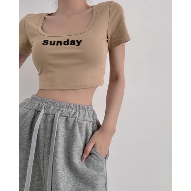 SET QUẦN SUÔNG XÁM ÁO CROPTOP THÊU SUNDAY