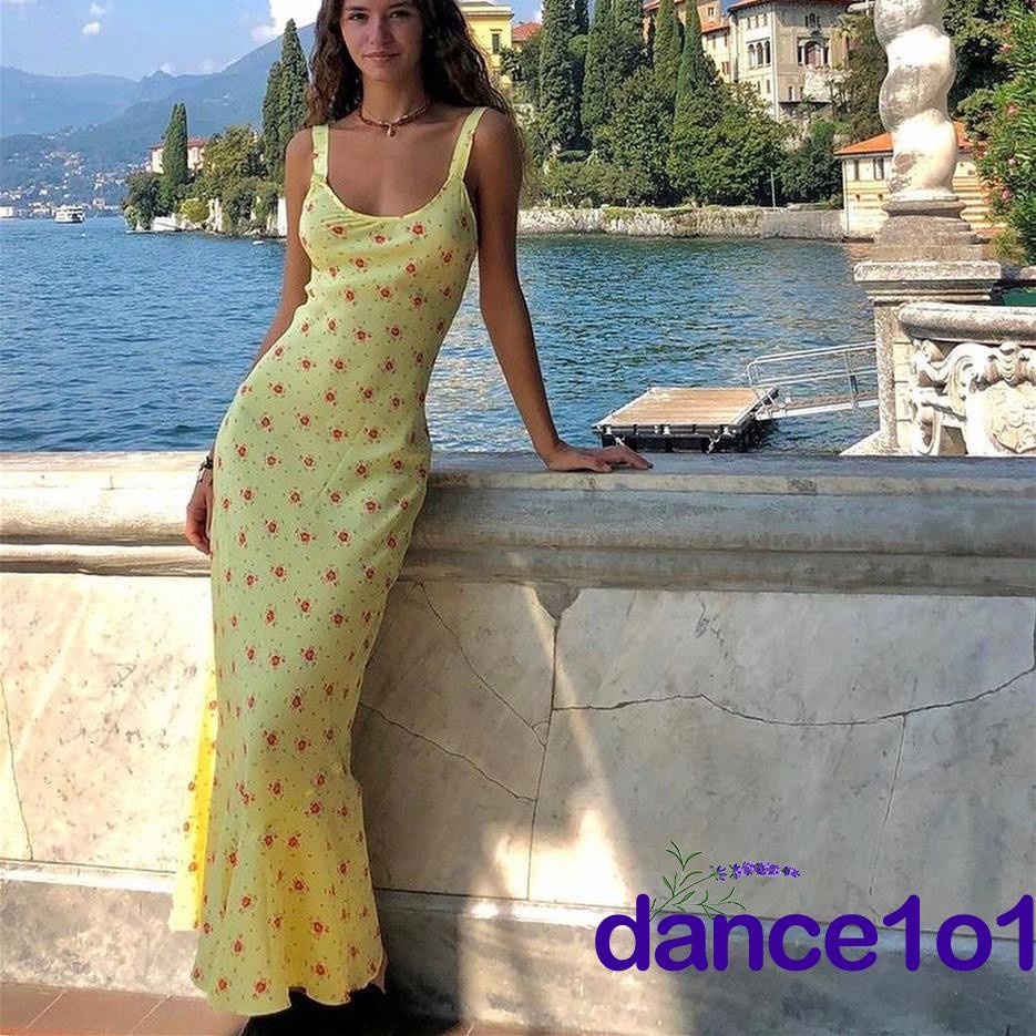 Đầm dài không tay cổ chữ U họa tiết hoa thời trang ngọt ngào gợi cảm