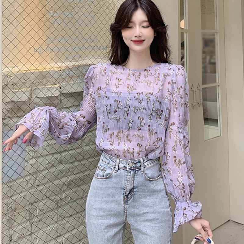 Áo Kiểu Tay Dài Cổ Tròn Chất Chiffon Hoạ Tiết Hoa Nữ Tính