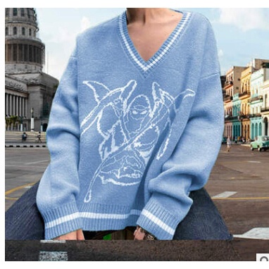 Áo Sweater Dệt Kim Tay Dài Cổ Chữ V Dáng Rộng In Họa Tiết Hoạt Hình Màu Xanh Dương Cho Nữ