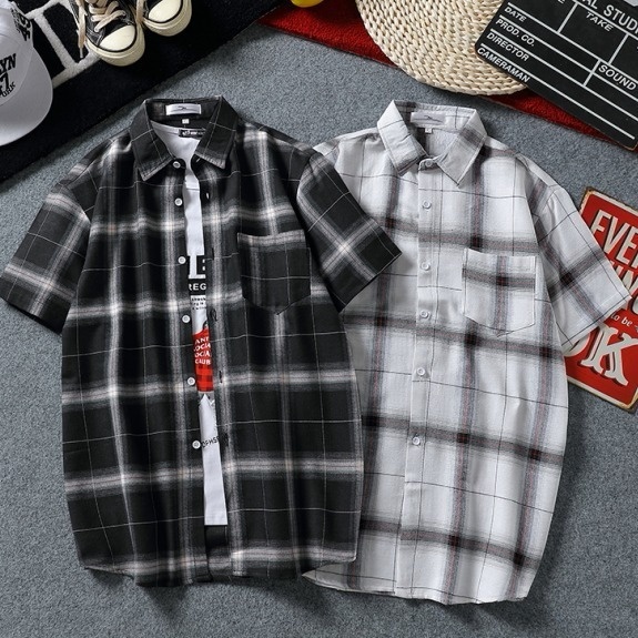Áo khoác sơ mi tay ngắn dáng rộng họa tiết sọc caro thời trang cho nam