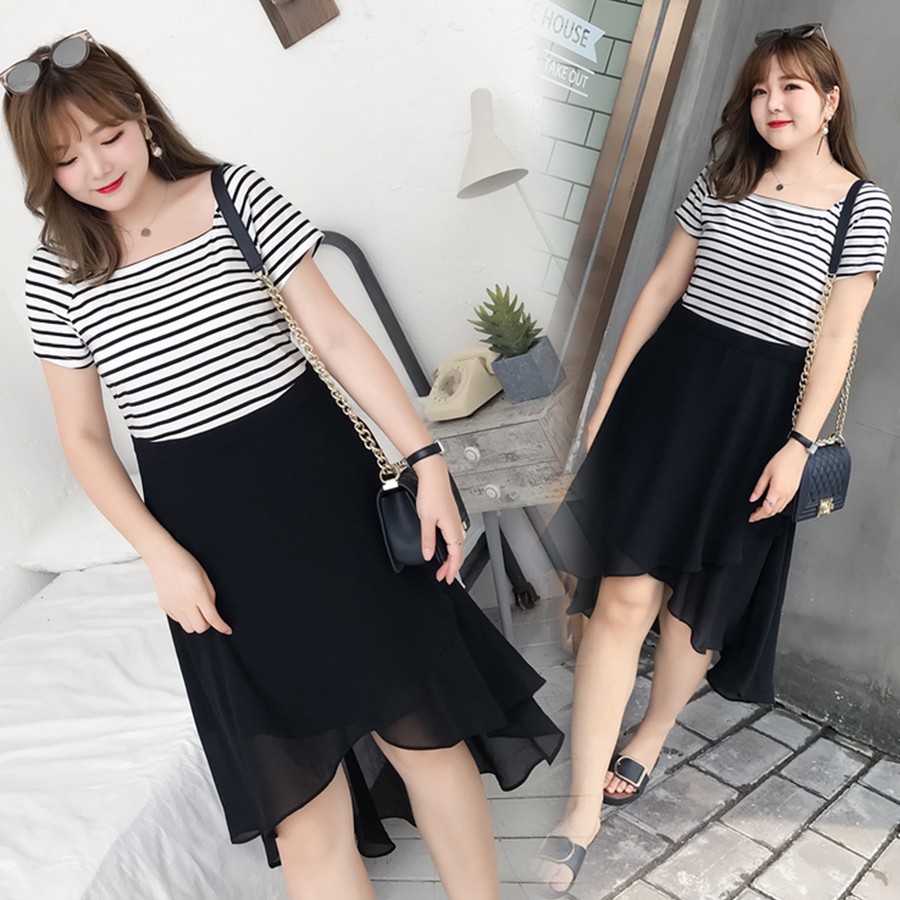 Đầm liền đen phối kẻ cho người béo mập