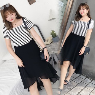 Đầm liền đen phối kẻ cho người béo mập