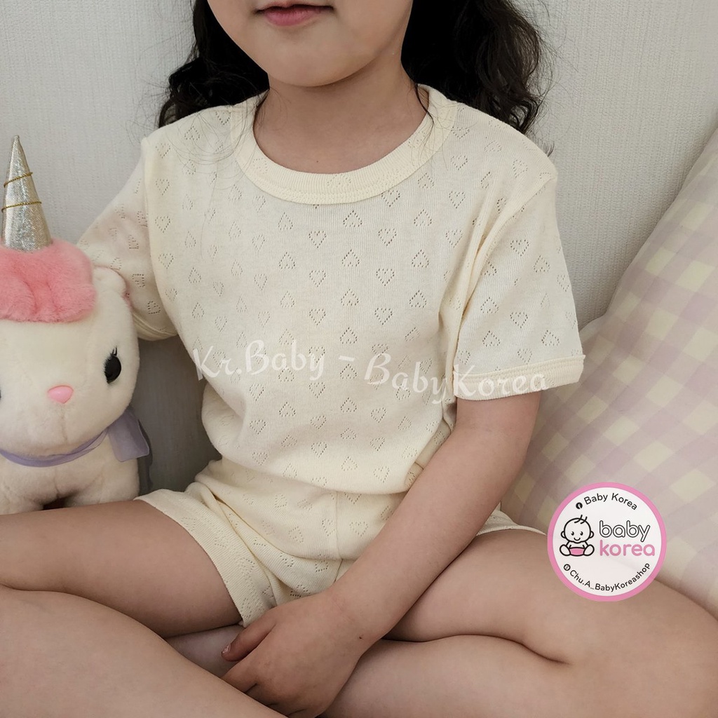 Bộ quần áo cộc cotton xước lỗ trái tim mát mẻ co giãn HEREIAM made in Korea cho bé thời trang trẻ em BABYKOREA