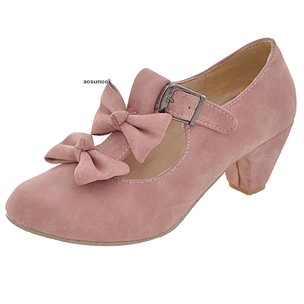 【ook】 Womens Low Heels Cute Bowknot Lolita Mary Jane Shoes Round Toe Dress Pumps .