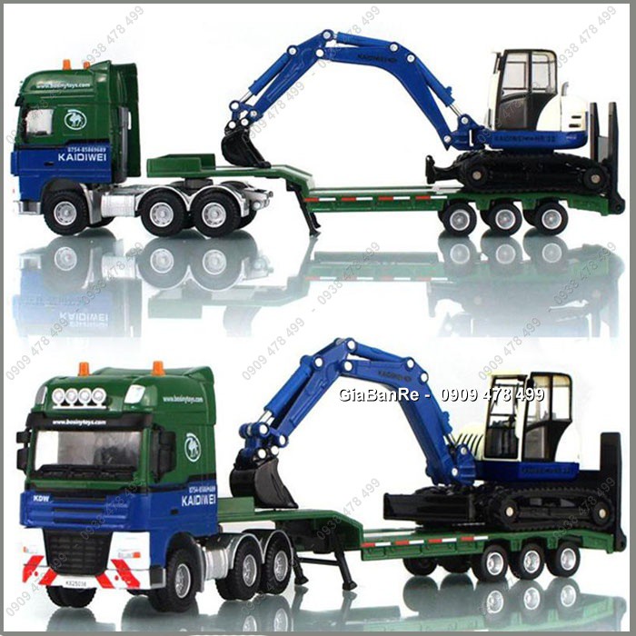 Xe Mô Hình Kim Loại Xe Tải Chở Xe Đào Bánh Xích Mini Tỉ Lệ 1:50 - Kdw