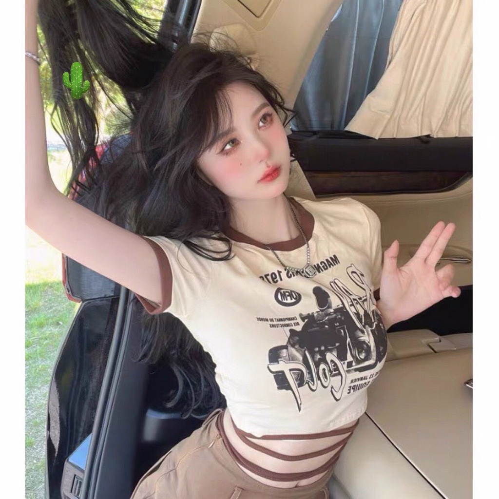 Áo kiểu croptop in họa tiết trước phối viền màu nâu và dây quần eo cực xinh , chất thun mềm mát