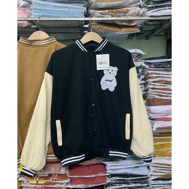 Áo khoác bóng chày bomber in gấu kaki da lộn 2 lớp unisex ulzzang nam nữ