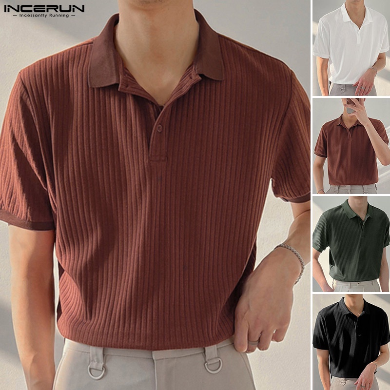 Áo thun polo INCERUN vải dệt kim ngắn tay họa tiết kẻ sọc thời trang mùa hè cho nam