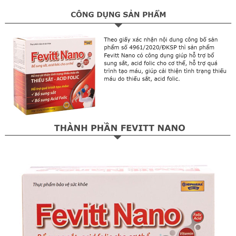 Viên uống bổ sung sắt FEVITT NANO bổ máu, cải thiện tình trạng thiếu máu thiếu sắt - Hộp 100 viên