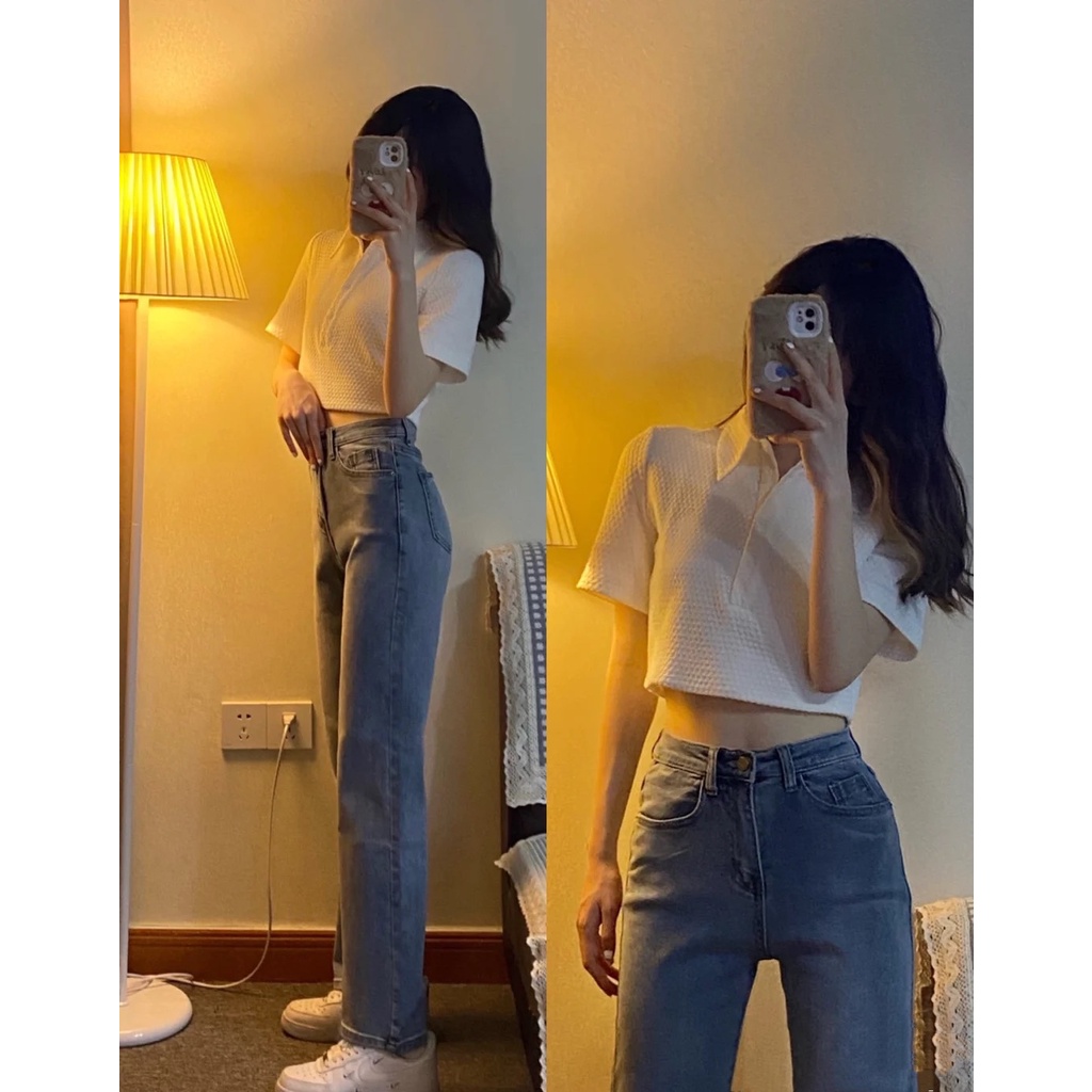 Áo Croptop Tổ Ong Cổ Bẻ- Thun kiểu polo dáng ôm body ngắn tay màu trắng hàn quốc cá tính Ulzzang