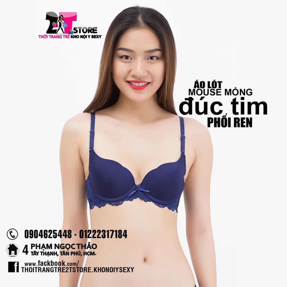 Áo Nâng Ngực Mouse Mỏng Đúc Tim Phối Ren (Xanh Dương)