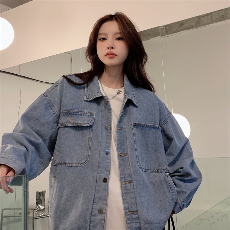 Áo Khoác Denim Dáng Rộng Phối Túi Thời Trang Mùa Thu Hàn Quốc Mới