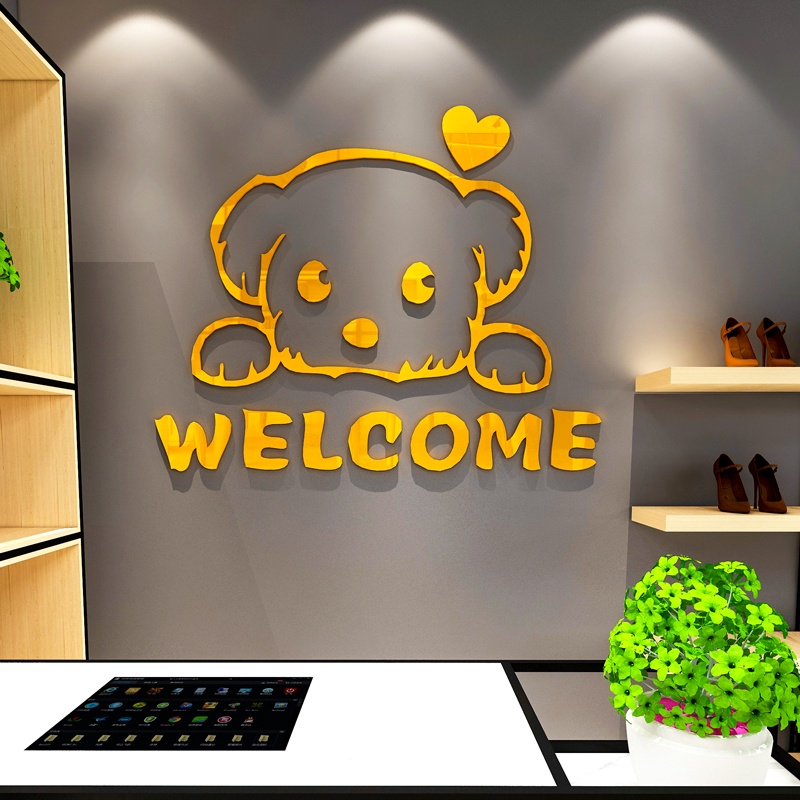 Tranh mica dán tường - Chú cún Welcome trang trí cửa ra vào, cửa hàng, quán ăn, địa điểm kinh doanh Nhiều Size - EPeBen