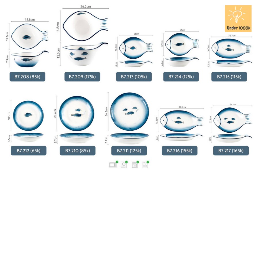 Đĩa sứ decor cá xanh viền xanh Under1000k