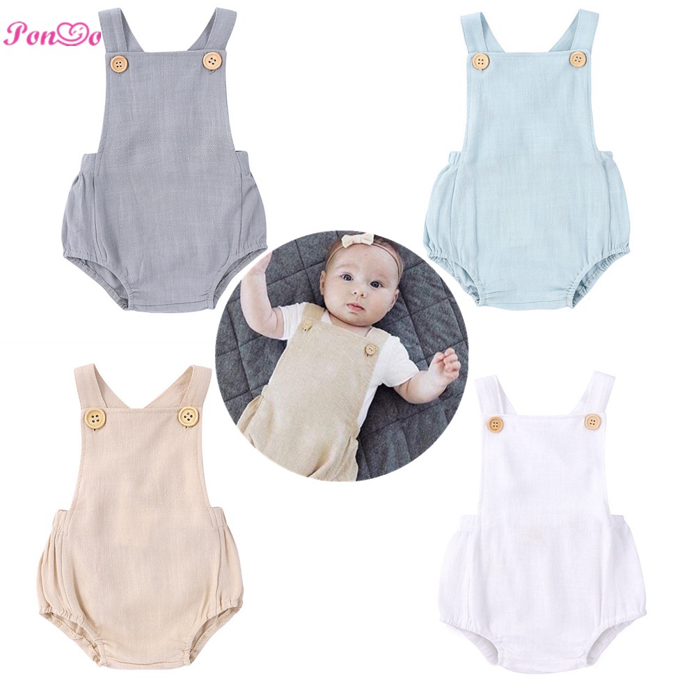 Bộ Áo Liền Quần Vải Cotton Lanh Mềm Mại Màu Trơn Dễ Thương Cho Bé Trai + Gái