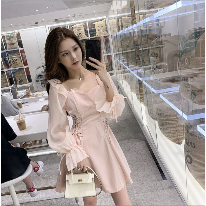 Đầm hồng rút dây eo tay dài Ulzzang