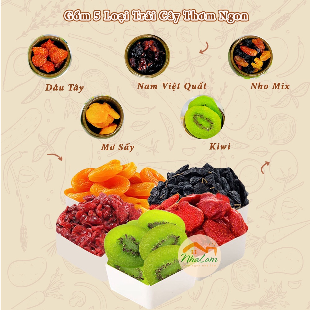 Trái Cây Sấy Dẻo Không Đường Mix 5 Loại Dâu Tây, Kiwi, Nam Việt Quất, Mơ, Nho Healthy Giảm Cân NHALAM FOOD