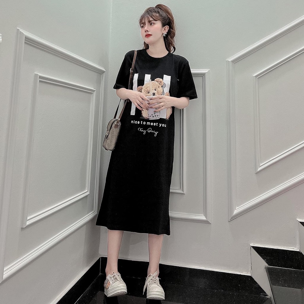 Đầm suông dài , váy suông bầu chất cotton Gemmy House in hình Gấu H