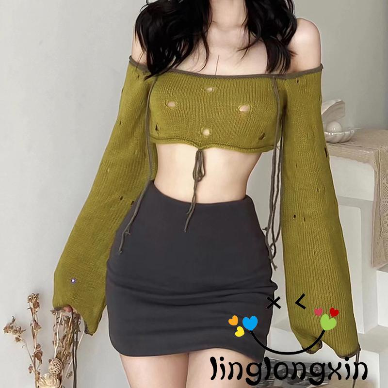 Áo Croptop Trễ Vai Tay Dài Phối Rách Màu Xanh Lá Cây Thời Trang Đường Phố Cho Nữ Linglongxi2