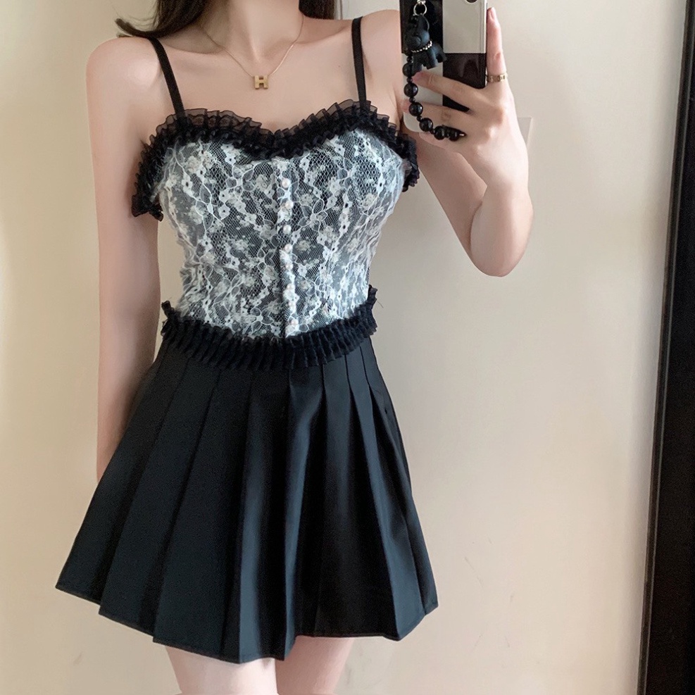 Áo 2 Dây Nữ Ren Hoa Tiểu Thư Đính Hạt Viền Bèo, Chun Sau Dáng Croptop Siêu Sang Chảnh Có Mút Ngực 1202 mầu đen trắng coc