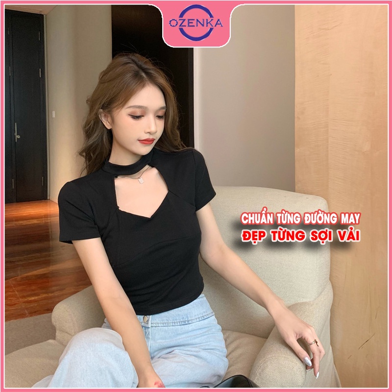 Áo croptop kiểu Hàn Quốc tay ngắn ôm nữ OZENKA , áo thun crt ngắn mặc đi học đi chơi chất thun gân cotton 100% đen trắng