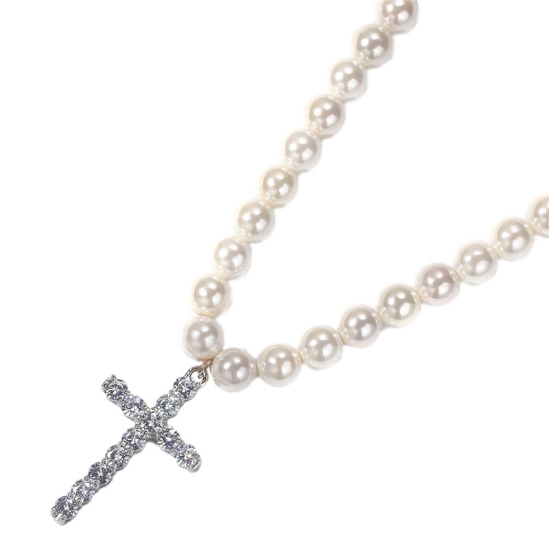 Dây Chuyền Mặt Chữ Thập Đính Ngọc Trai Phong Cách Hip Hop