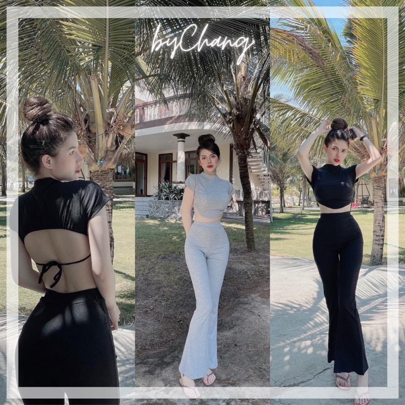 Set Đồ Nữ Áo Croptop Hở Lưng Quần Ống Loe Ôm Body Sexy byChang