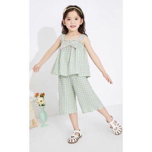 B190 - Bộ culottes kẻ vàng smock nơ