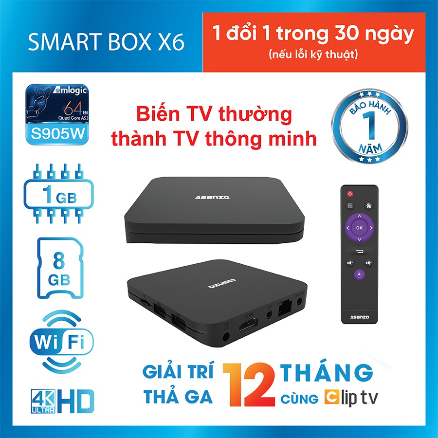 [Mã ELMS4 giảm 7% đơn 500K] Android smart Tivi Box 4K Asanzo X6 Chính hãng