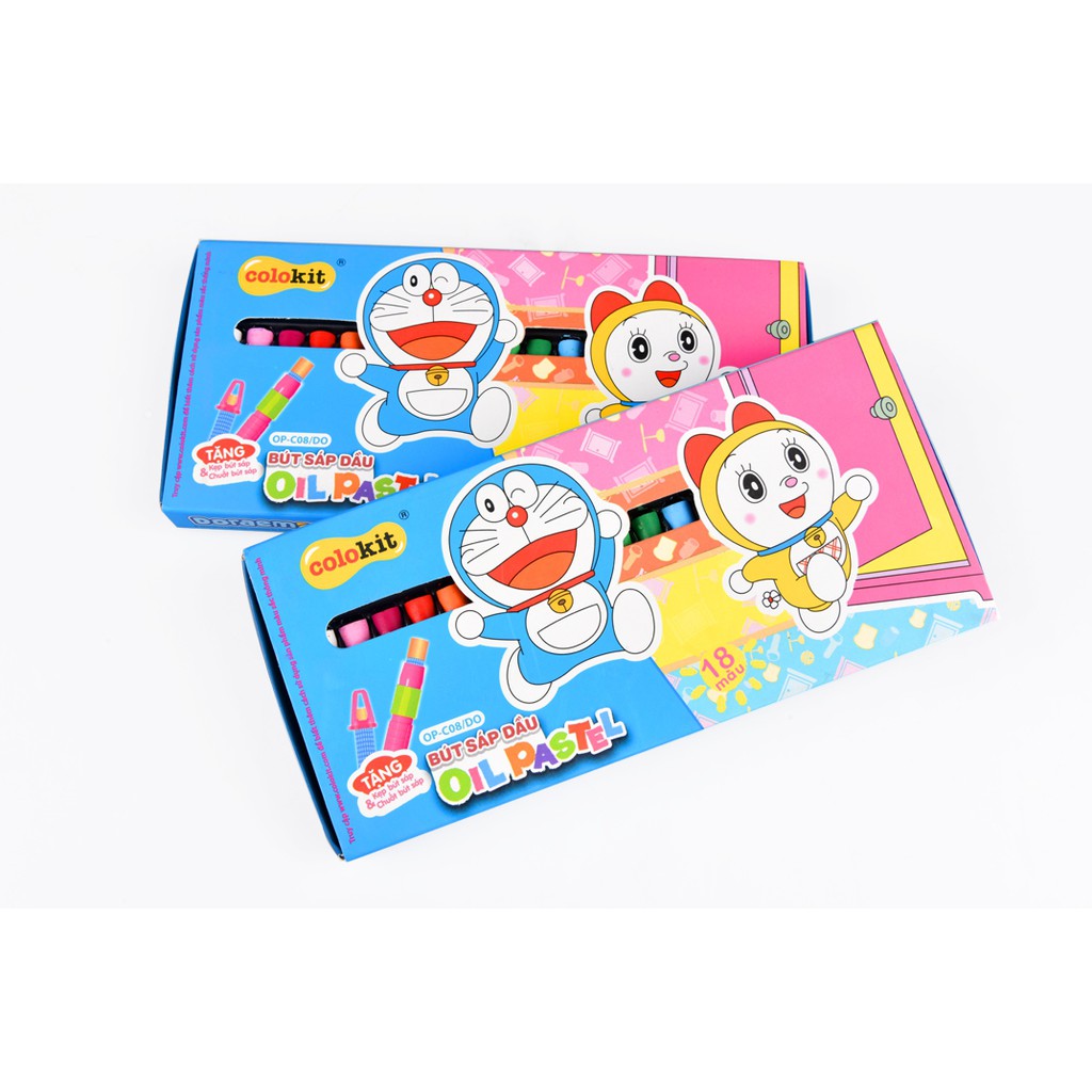 BÚT SÁP DẦU COLOKIT NHÂN VẬT HOẠT HÌNH DORAEMON (HỘP  18 MÀU, TẶNG KÈM CHUỐT SÁP)