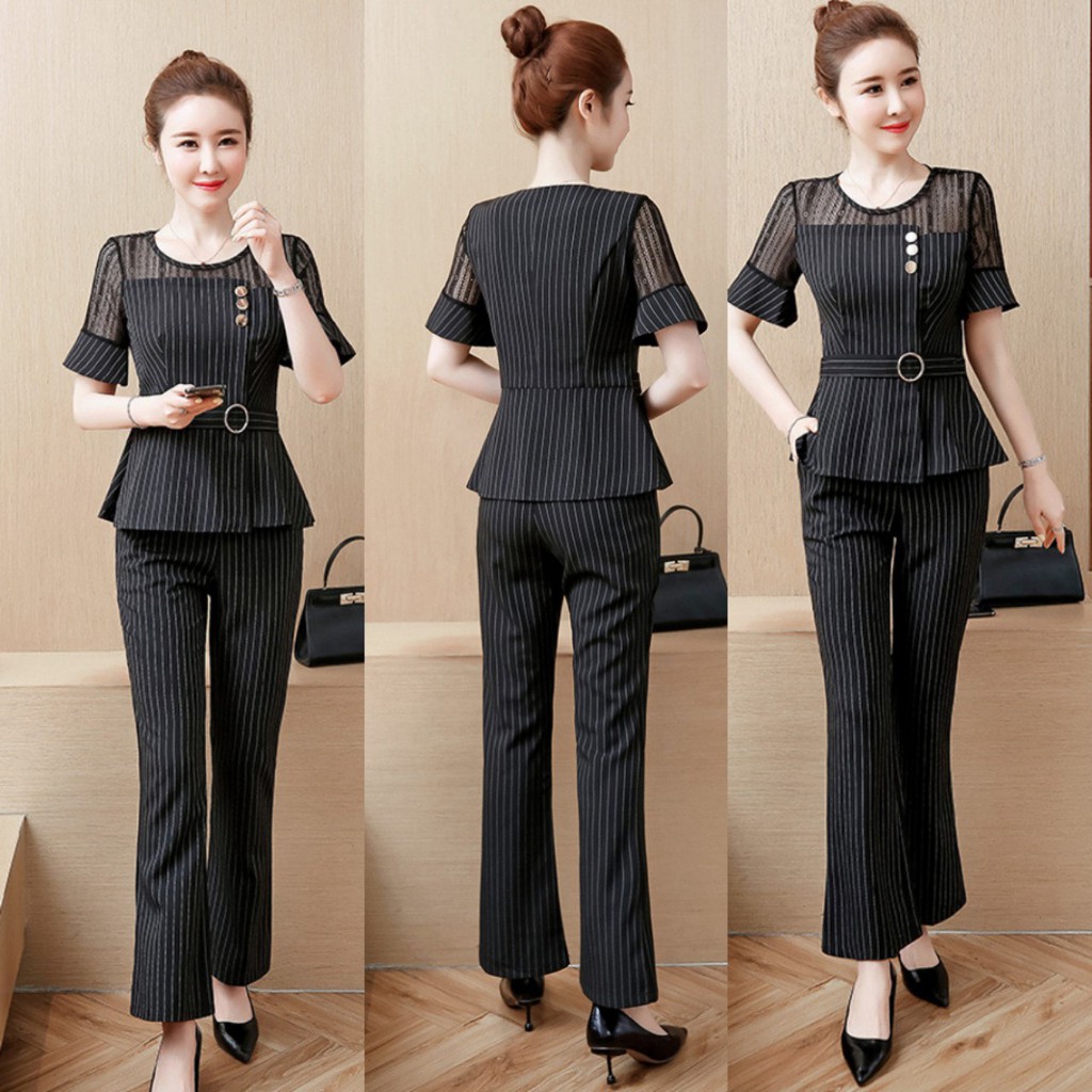 SET BỘ ÁO SỌC ĐÍNH NÚT PHỐI REN QUẦN ỐNG LOE CÁCH ĐIỆU CÓ SIZE LỚN XXXL