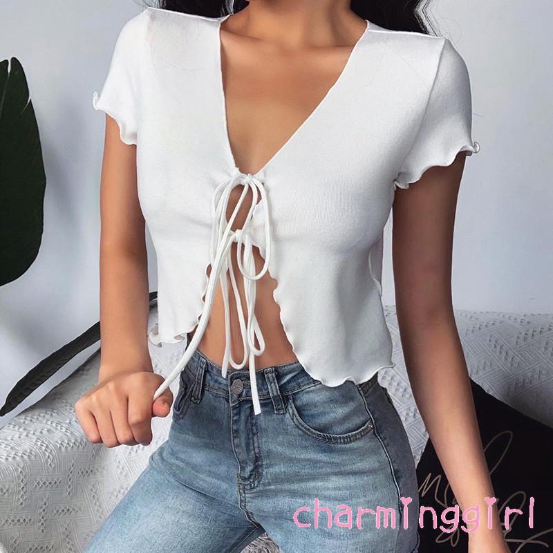 Áo Dệt Kim Tay Ngắn Cổ Chữ V Khoét Sâu | BigBuy360 - bigbuy360.vn