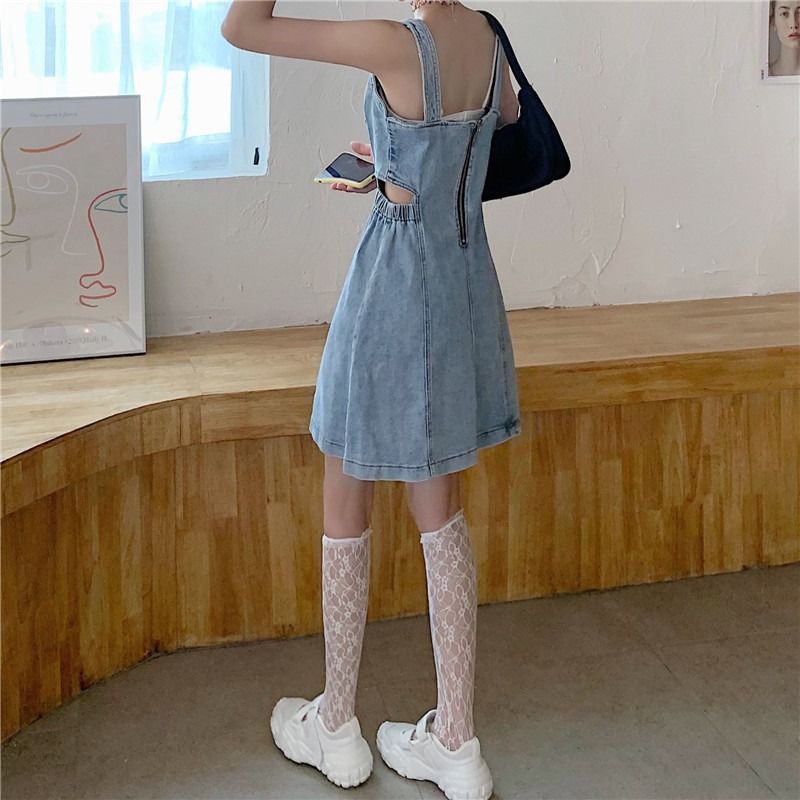 2021 mới của Pháp phối đồ thích hợp váy denim với dây thắt lưng váy dây đeo eo của phụ nữ váy mùa hè váy mỏng