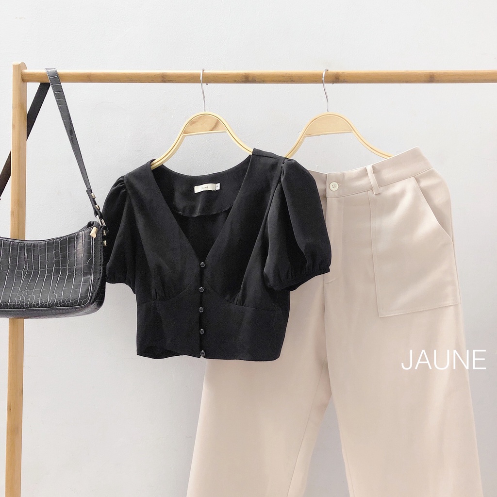 Áo Croptop JAUNE thiết kế tay phồng ngắn- Aura top trắng