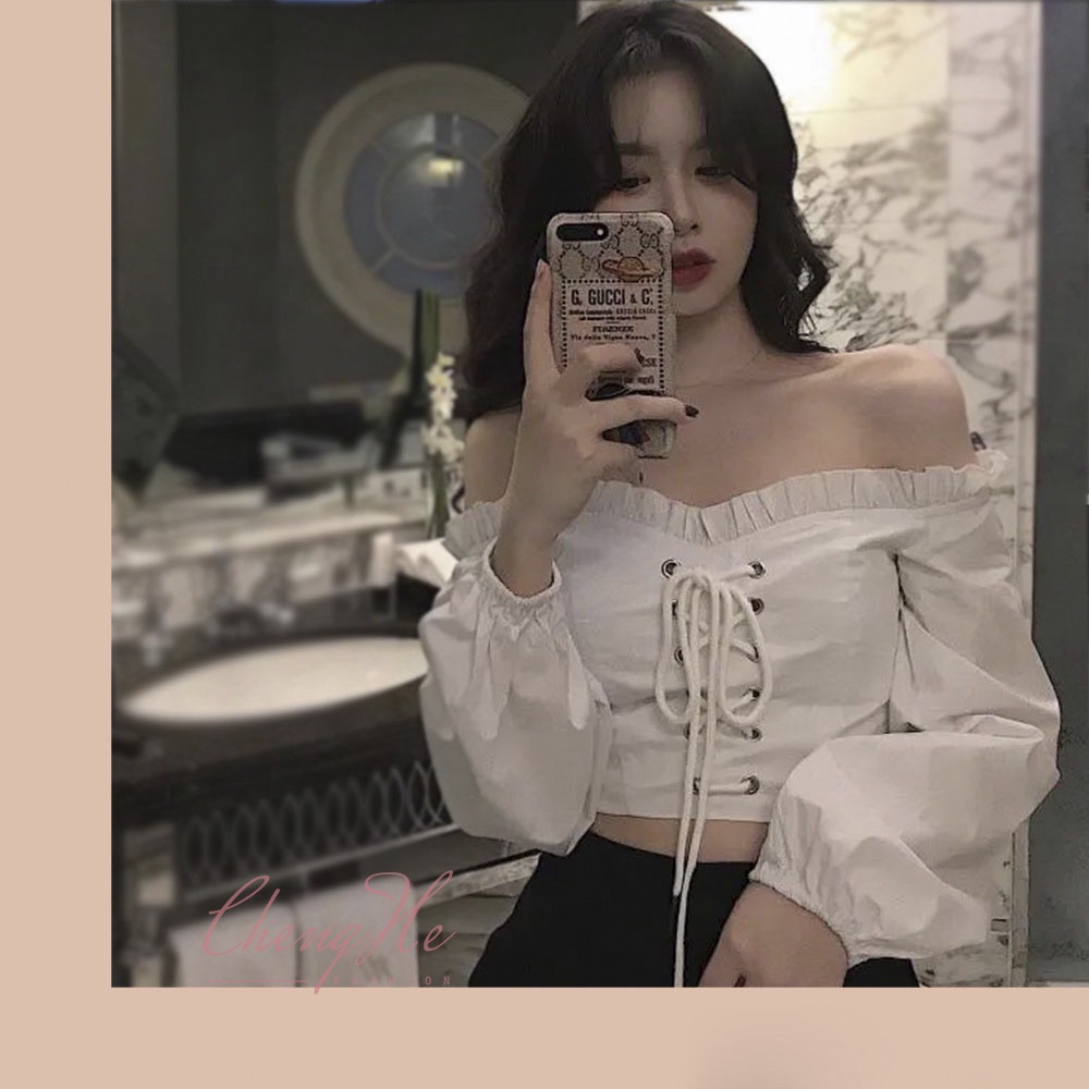Áo croptop dáng ngắn hở eo buộc dây cách điệu hở vai dài tay A00157