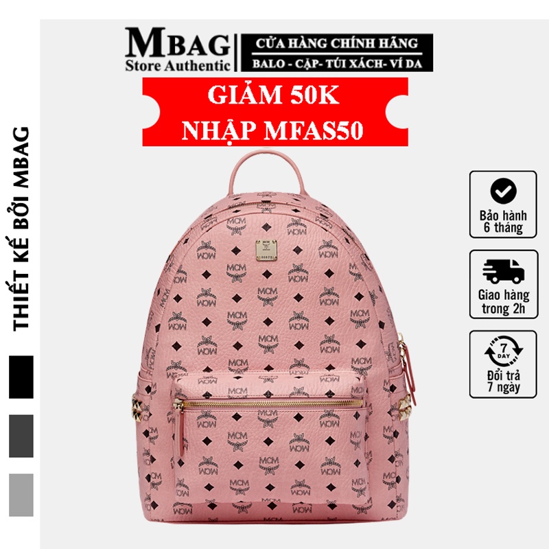 Balo MCM, Balo da MCM Unisex Hồng form đẹp, chất da cao cấp