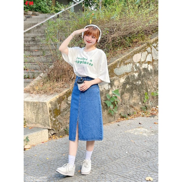 Chân váy chữ a dài FM Style lưng cao dáng midi xẻ tà chất jean dày dặn trơn basic thời trang ulzzang 207180044