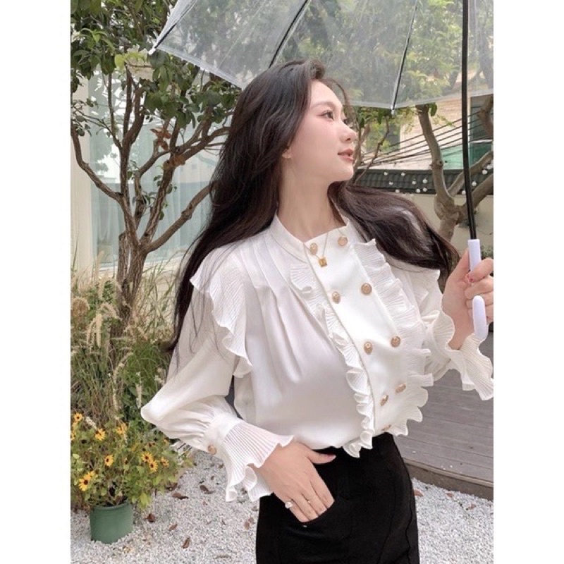 Áo sơ mi trắng cổ tàu xếp ly áo bánh bèo phối cúc đá sang chảnh A240 SUTANO