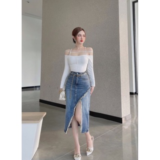 Chân váy jean dài vạt chéo xẻ cao
