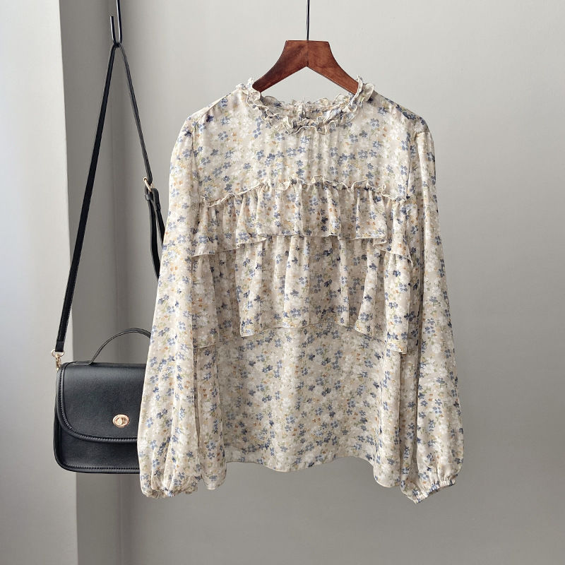 Áo chiffon BH dáng rộng tay dài họa tiết hoa thời trang dịu dàng cho nữ