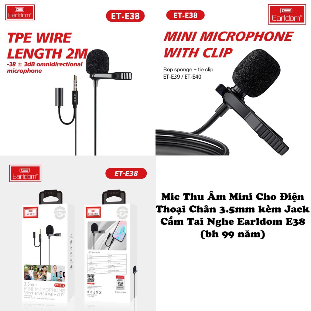 Mic Thu Âm Micro Ghi Âm Mini Cho Điện Thoại Chân 3.5mm kèm Jack Cắm Tai Nghe Earldom E38 Livestream Học Trực Tuyến