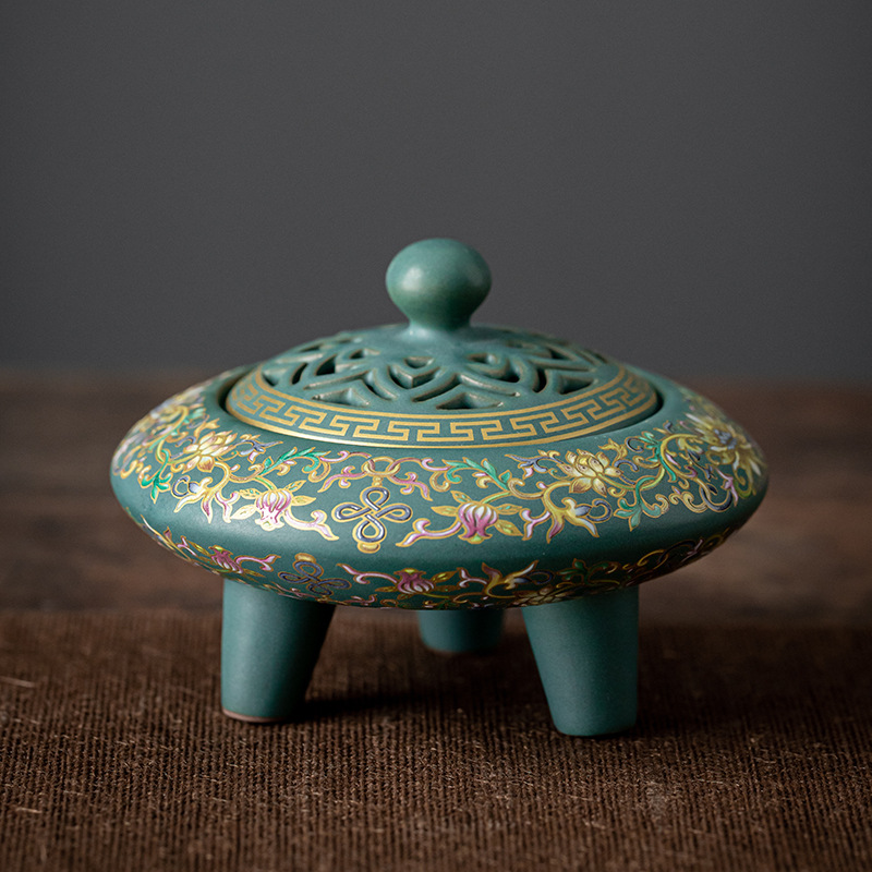 Lư hương ba chân làm từ gốm cao cấp đốt trầm hương Lư hương bằng gốm cloisonne Lư hương ba chân cao Lư hương trầm hương men