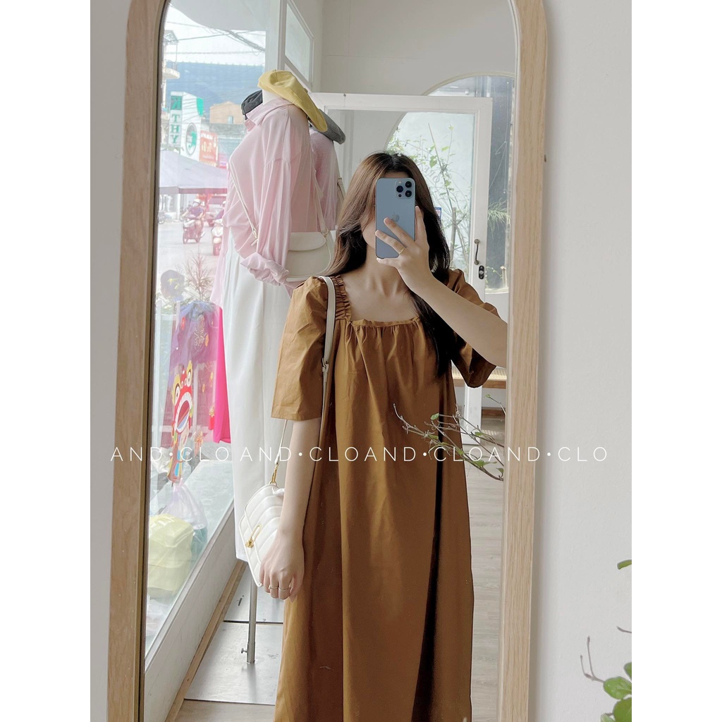 Đầm suông cổ vuông chun vai chất thô Hàn