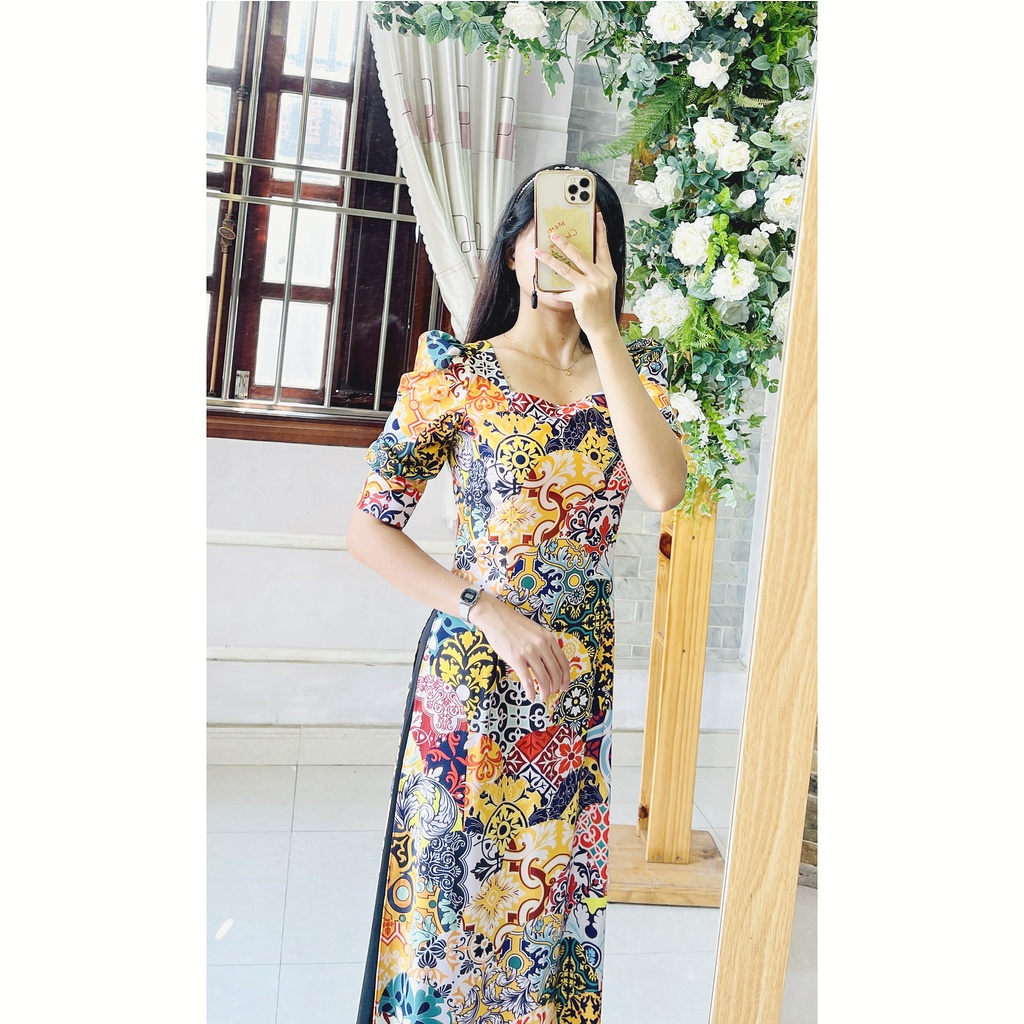 Áo dài gạch bông cô ba sài gòn - áo tay bồng tay phồng